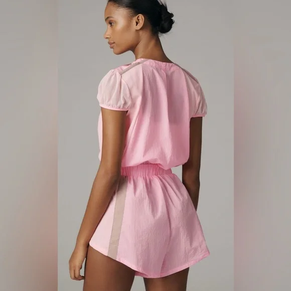 🆕 Daily Practice Puff Sleeve Front Zip Pink and Tan Short Sleeve Romper - Picture 3 of 13